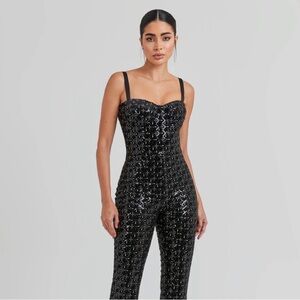 NADINE MERABI Black Sequin Strapless Jumpsuit with Removable Straps